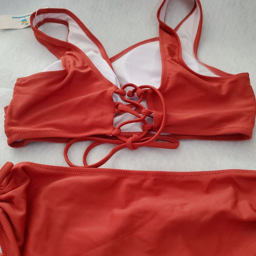 Beachsissi 2 Piece Swimsuit Burnt Orange Criss Cross Top Removable Pads Size S - Picture 5 of 12